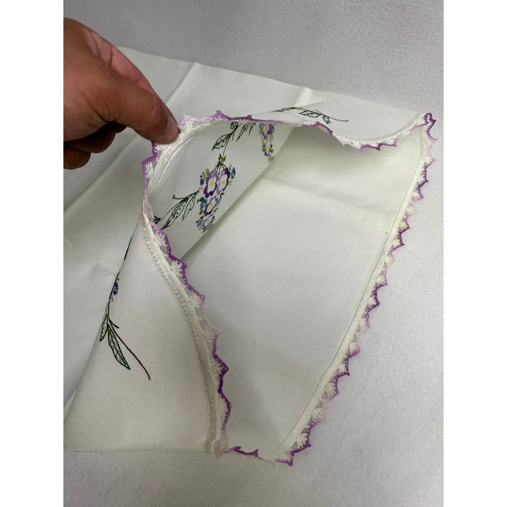 Vintage Cottagecore Hand Embroidered Pillowcase Standard White Purple Floral